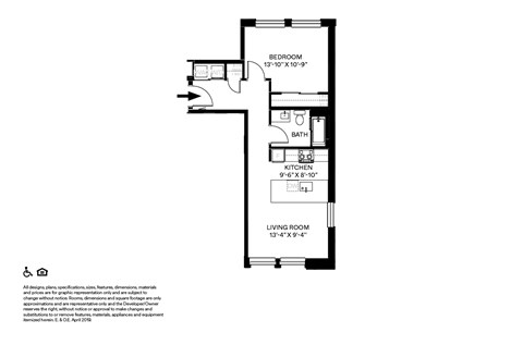 Floor plan for 1 bed, 1 bath, 596 sqft
